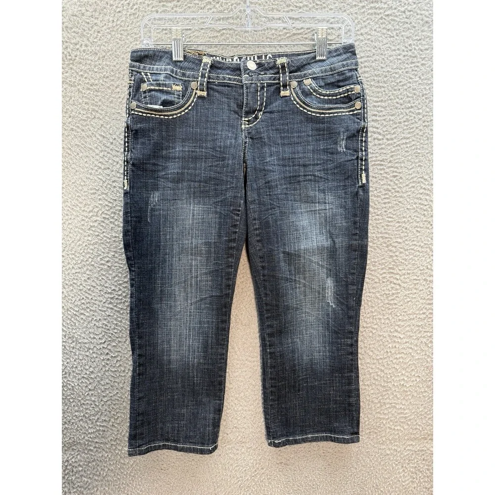 Hydraulic Jeans Womens 3/4 Blue Capri Thick Stitch‎ Flap Pocket Rockabilly Biker